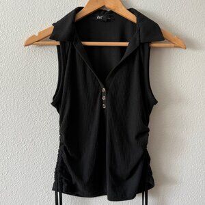 YMI Black‎ Sleeveless Ruched Sides Ribbed Collard Top Size L